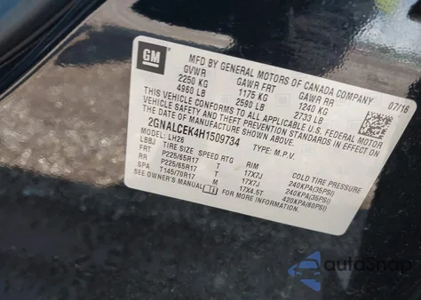 2017 Chevrolet Equinox Lt из США, поврежденный, VIN 2GNALCEK4H1509734